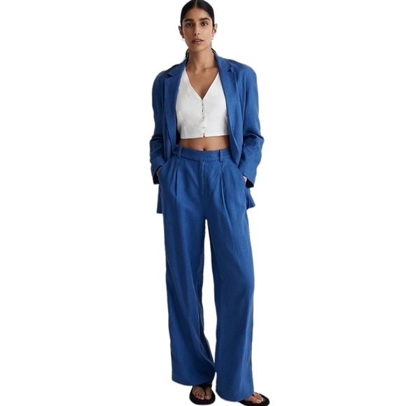 Madewell double breasted Crossover Blazer 100% Linen Blue Oversized Relaxed - Picture 1 of 14